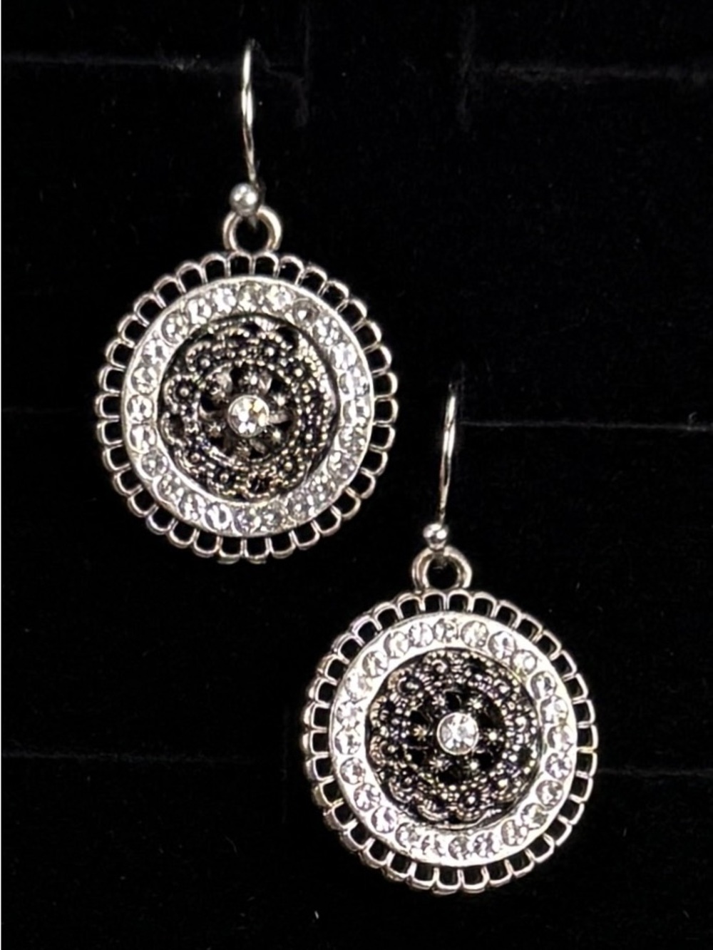 Silvertone Circular Bling Drop Pierced Earrings
